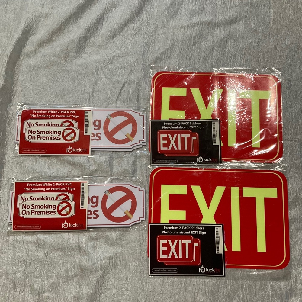 Lot of 8 Kickfire Commercial Safety Signs 4 Exit Stickers & 4 PVC No Smoking New